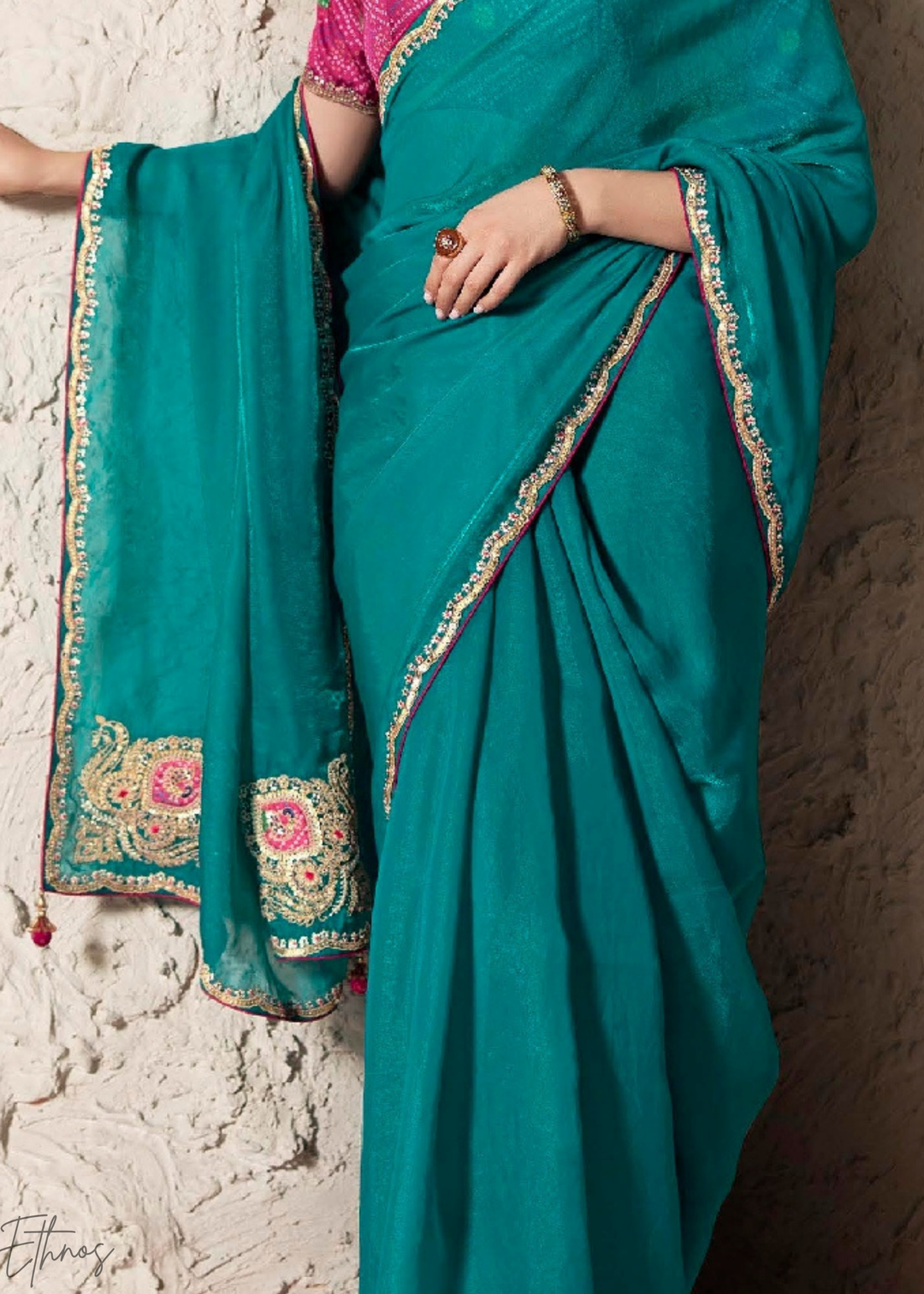 Teal Blue Embroidered Glass Tissue Designer Saree