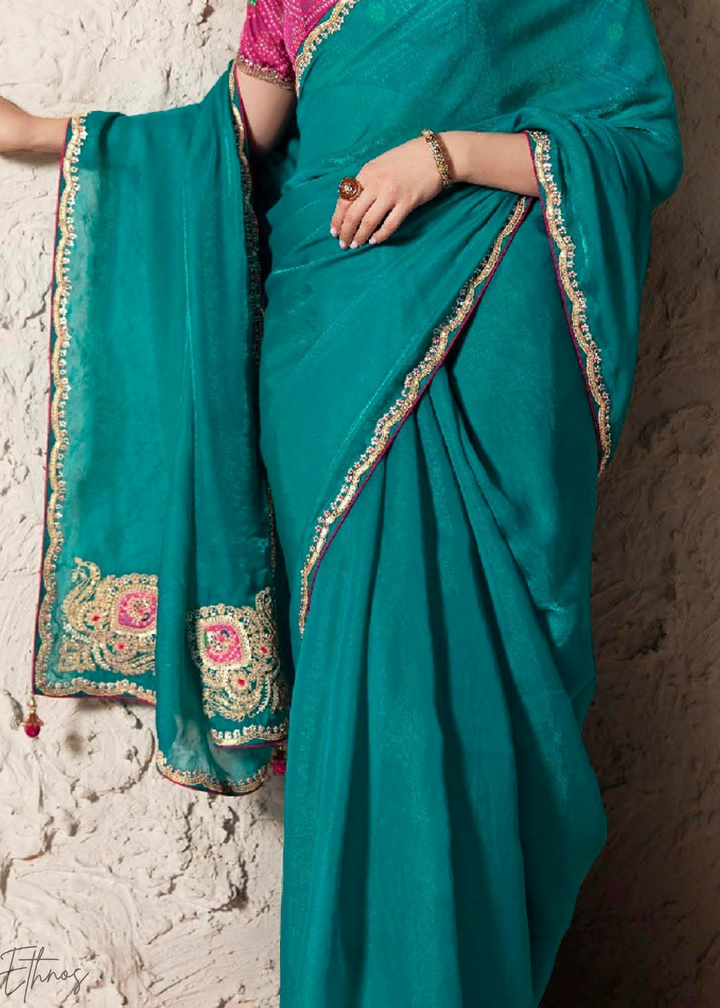 Teal Blue Embroidered Glass Tissue Designer Saree