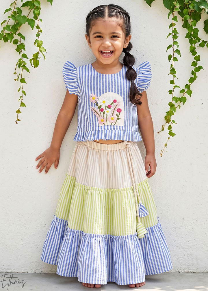 Blue and Green Striped Embroidered Organic Cotton Lehenga Set