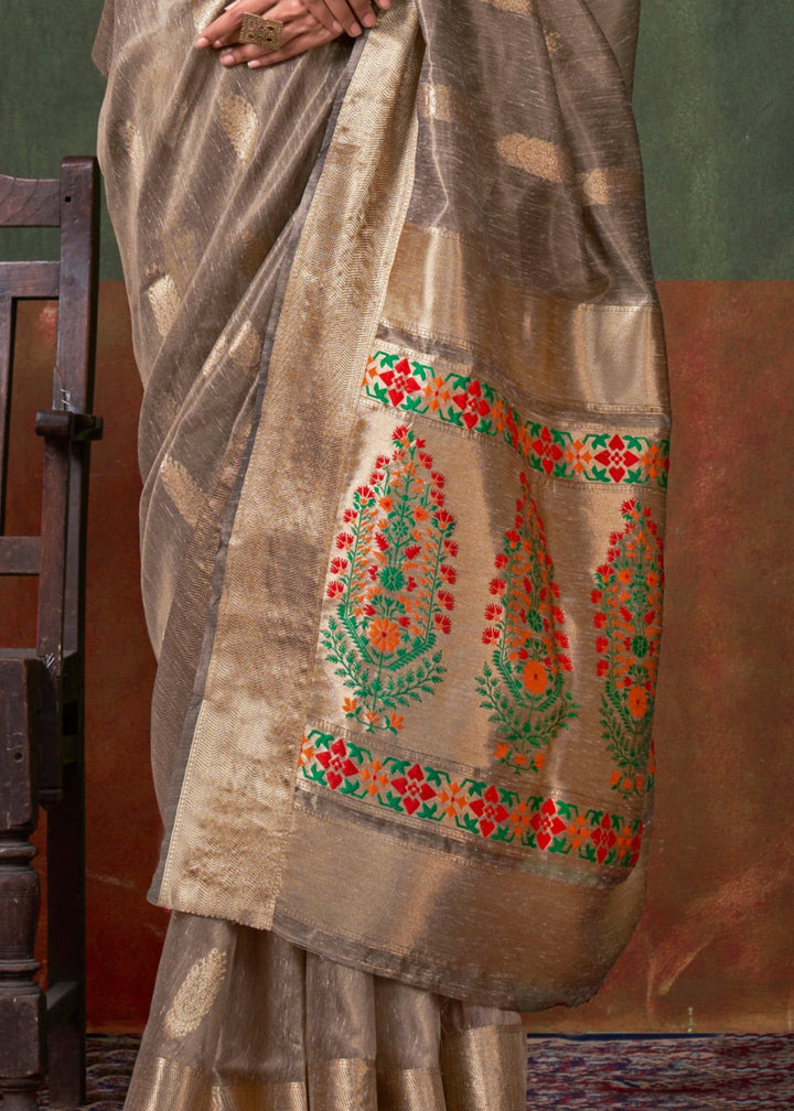 Pastel Brown Paithani Tissue Silk Saree With Zari Work