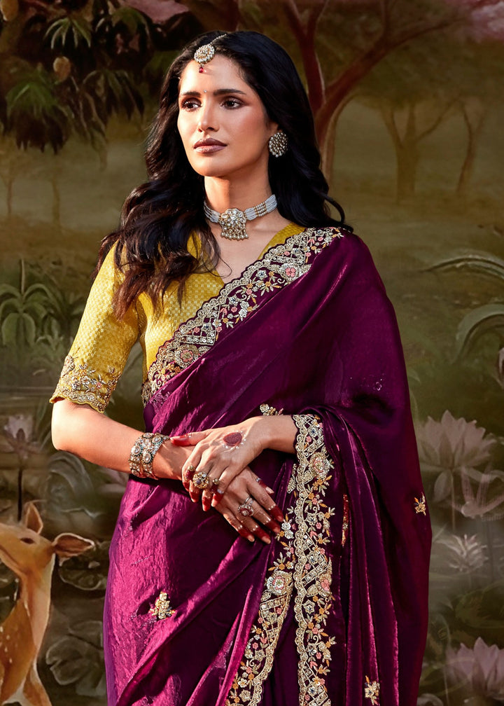 Mustard And Maroon Saree With Embroidery And Handwork Designer Cut Border