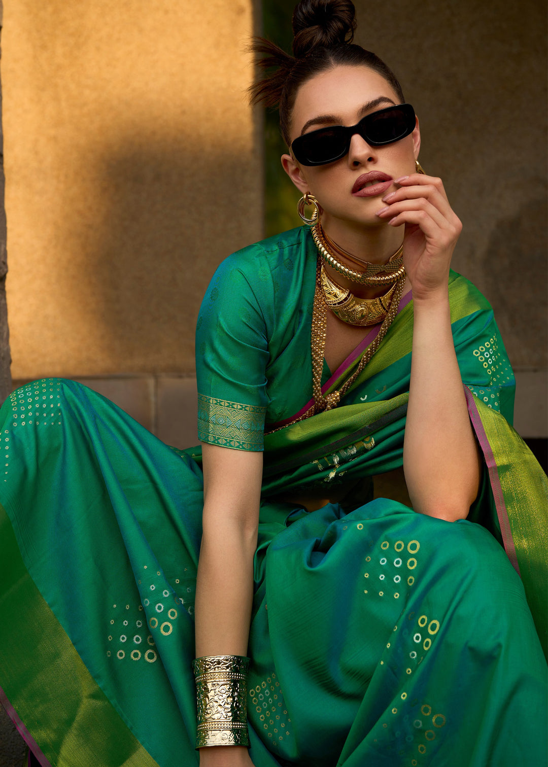 Bright Green Handloom Weaving Satin Silk Saree