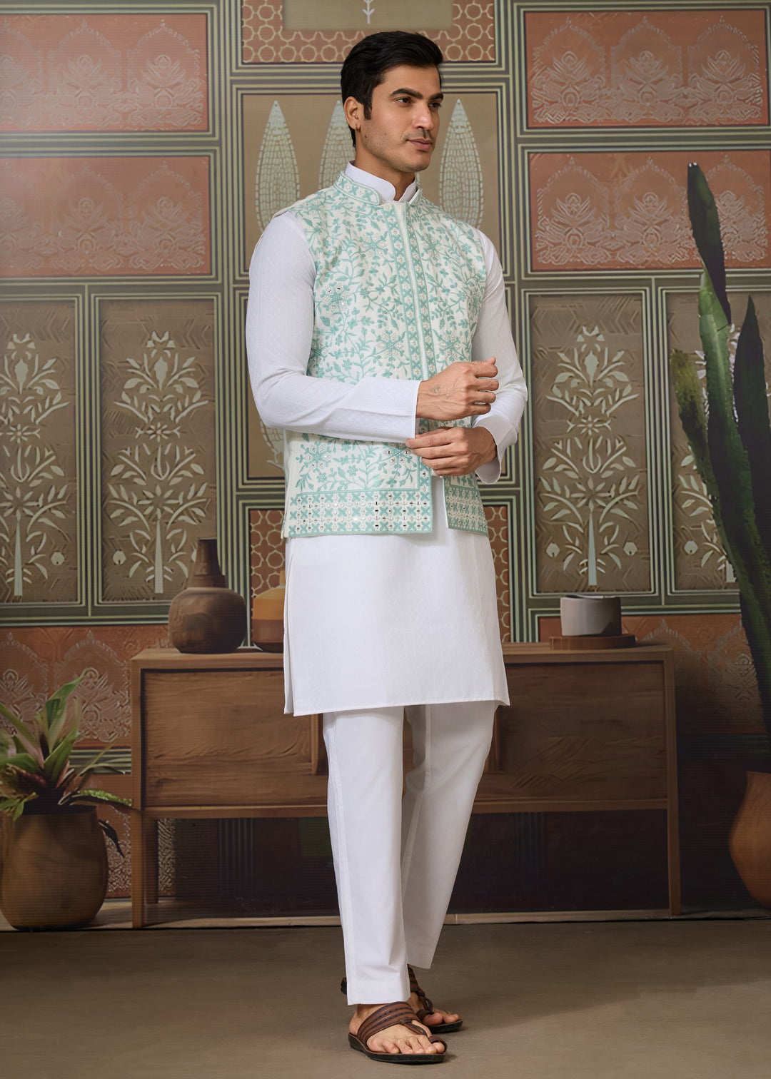 White Kurta And Pant With Soft Pastel Mint Green And White Embroidered Nehru Jacket