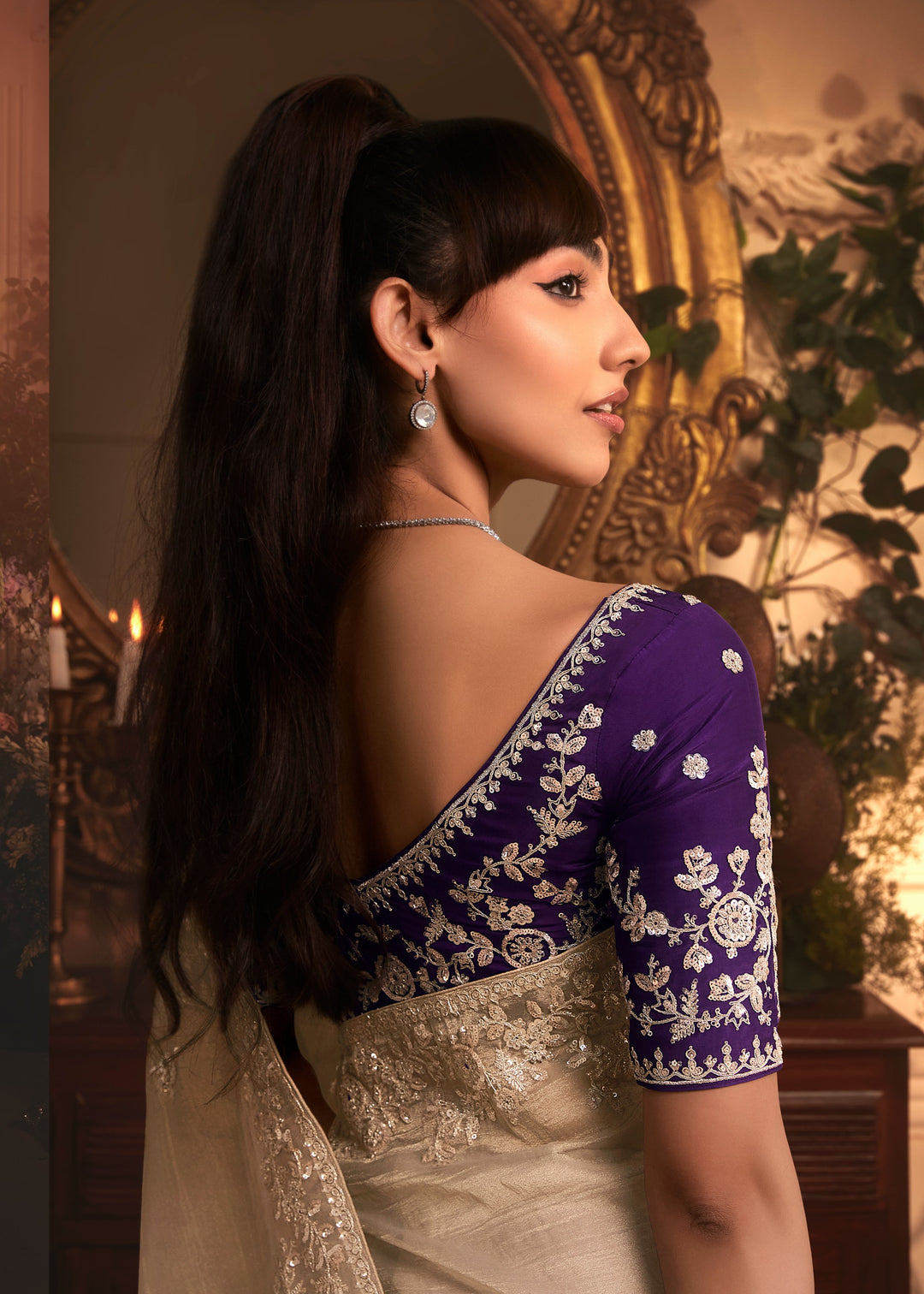 Beige Tissue Organza Saree With Heavy Embroidery