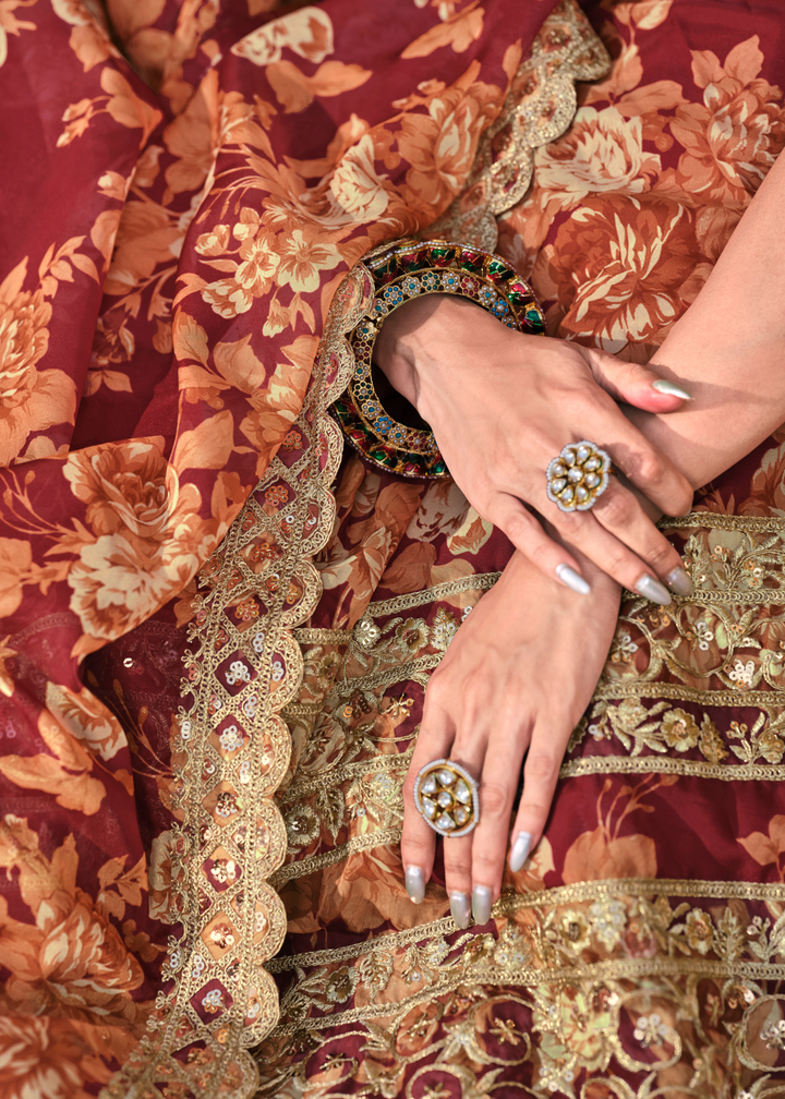 Carmine Red Floral Printed Organza Lehenga with Zari, Dori & Sequins Work