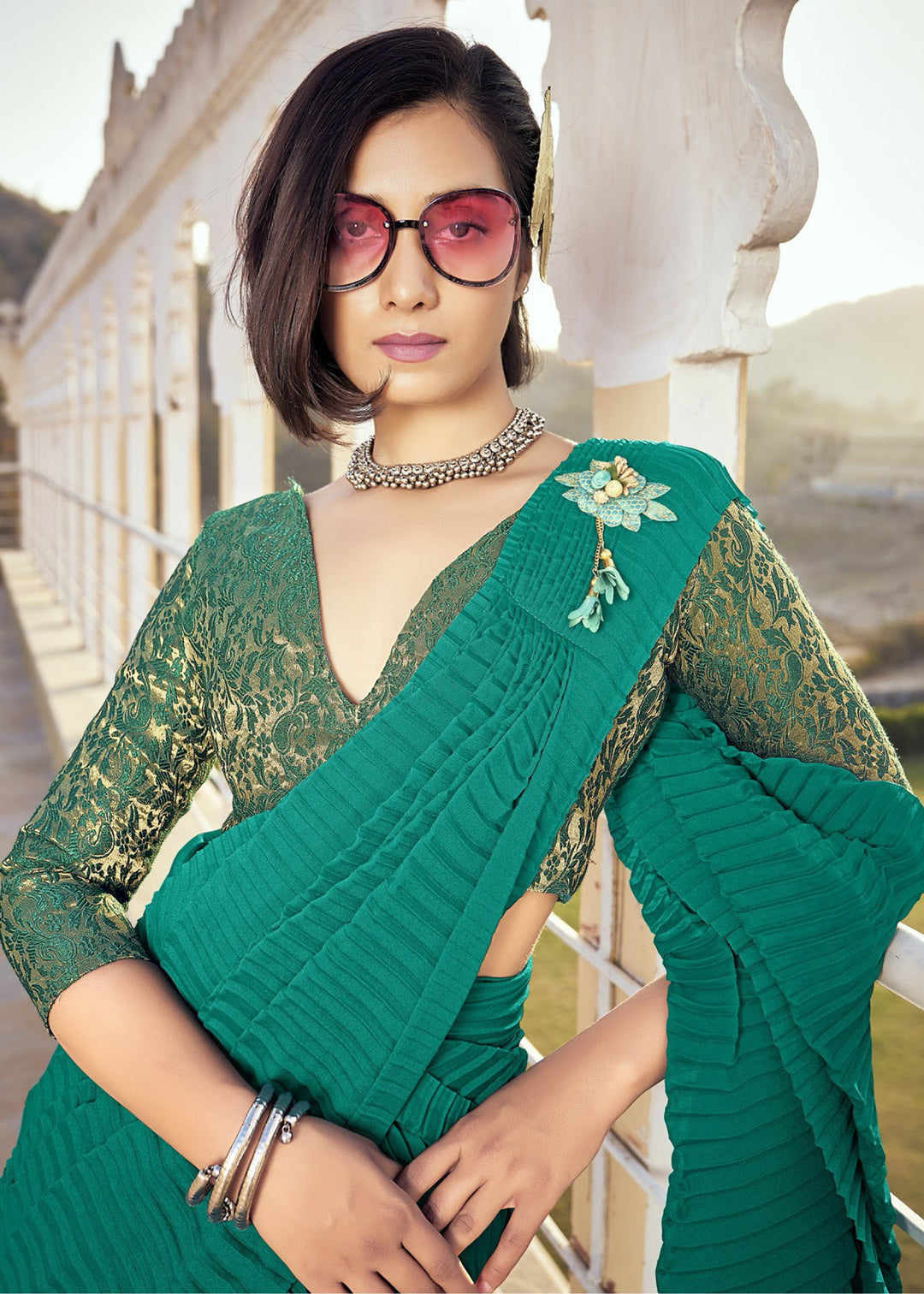 Emerald Green Crush Silk Saree With Beautiful Blouse