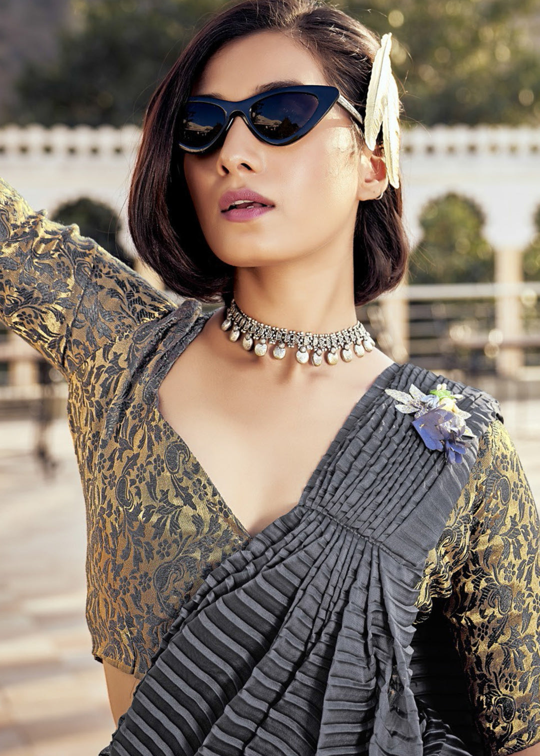 Pebble Grey Crush Silk Saree With Beautiful Blouse