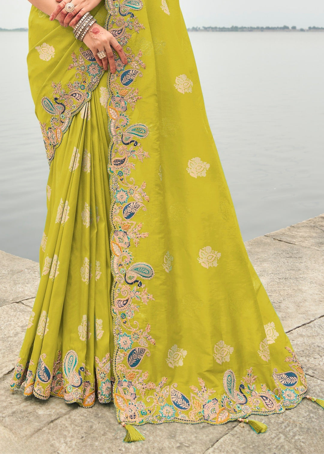 Lime Green Silk Saree With Embroidery Cut and Butti Work