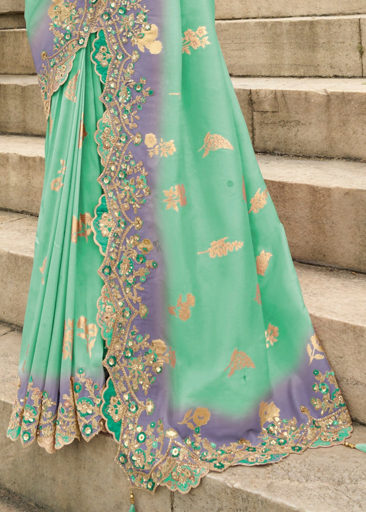 Seafoam Silk Saree With Embroidery Cut and Butti Work