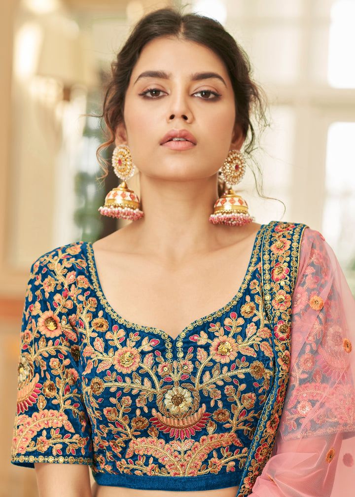 Dark Blue Velvet Lehenga Choli With Thread & Zari Embroidery Work