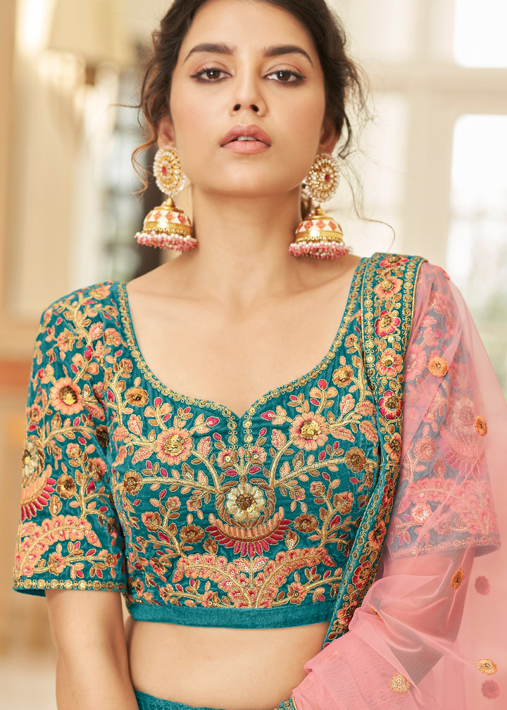 Cerulean Blue Velvet Lehenga Choli With Thread & Zari Embroidery Work