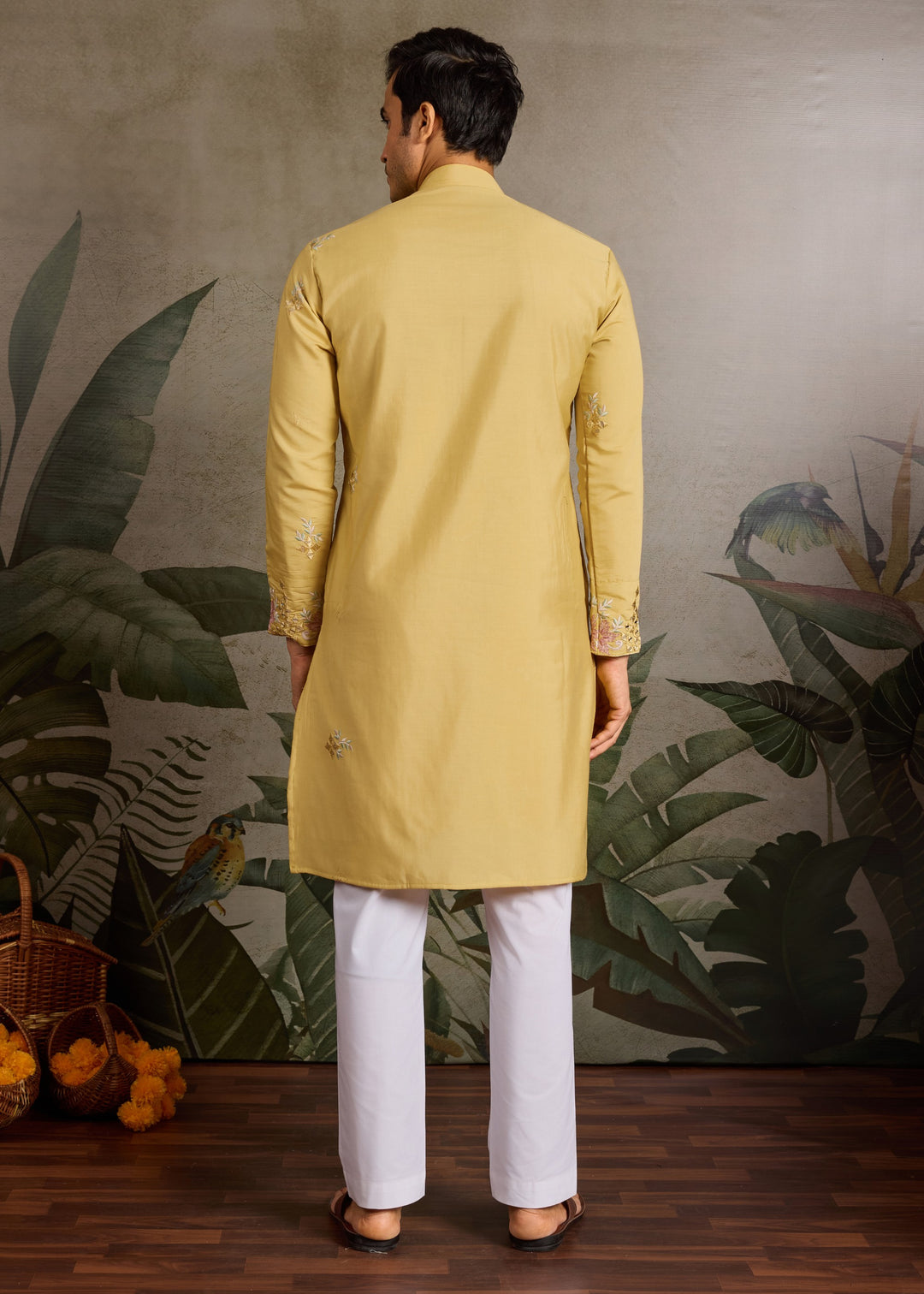 Canary Yellow Mens Wear Silk Kurta with Pant