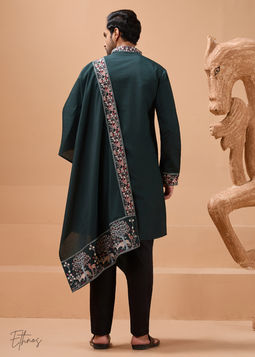 Green Mens Wear Silk Kurta With Pant And Dupatta