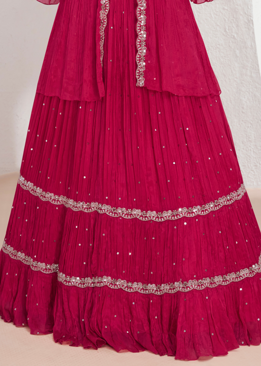 Magenta Pink Embroidered Georgette Top & Skirt Set with Jacket