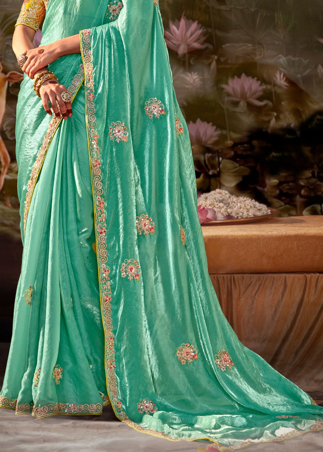 Mustard And Aqua Green Saree With Embroidery And Handwork Designer Cut Border