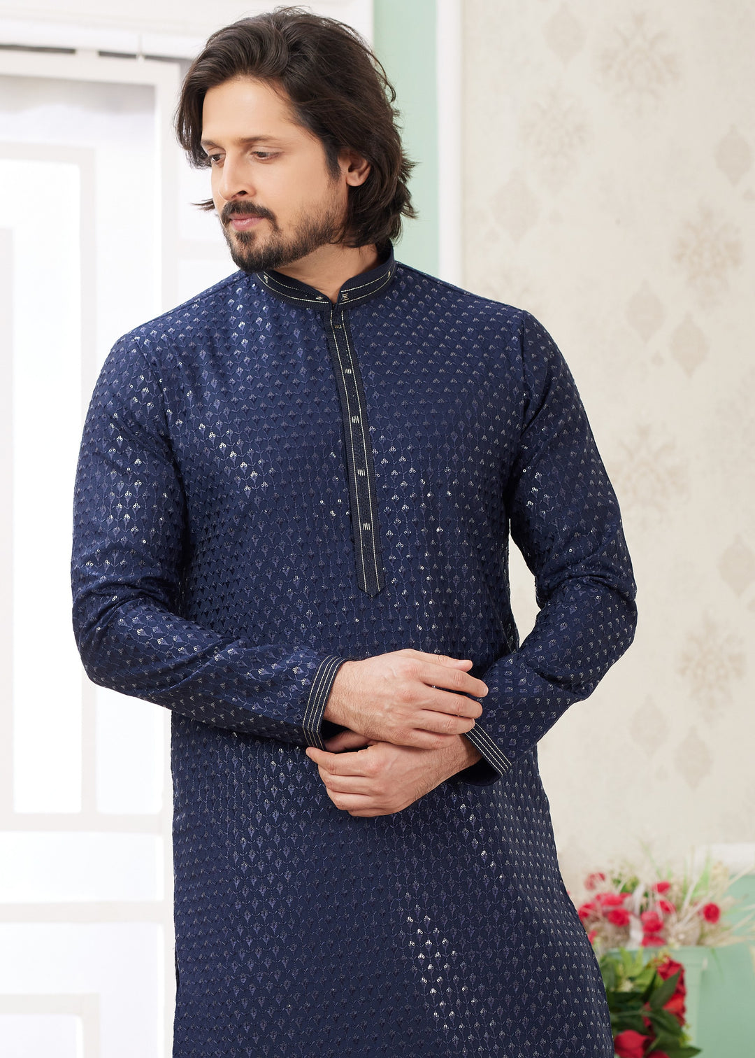 Dark Blue Silk Mens Kurta Set With Thread Embroidery Work