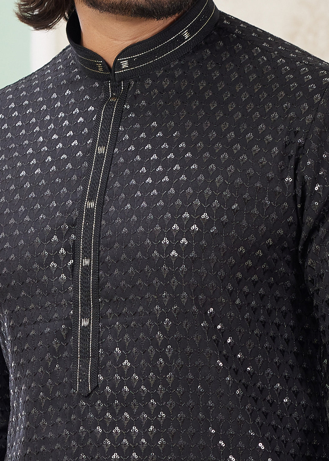 Black Silk Mens Kurta Set With Thread Embroidery Work