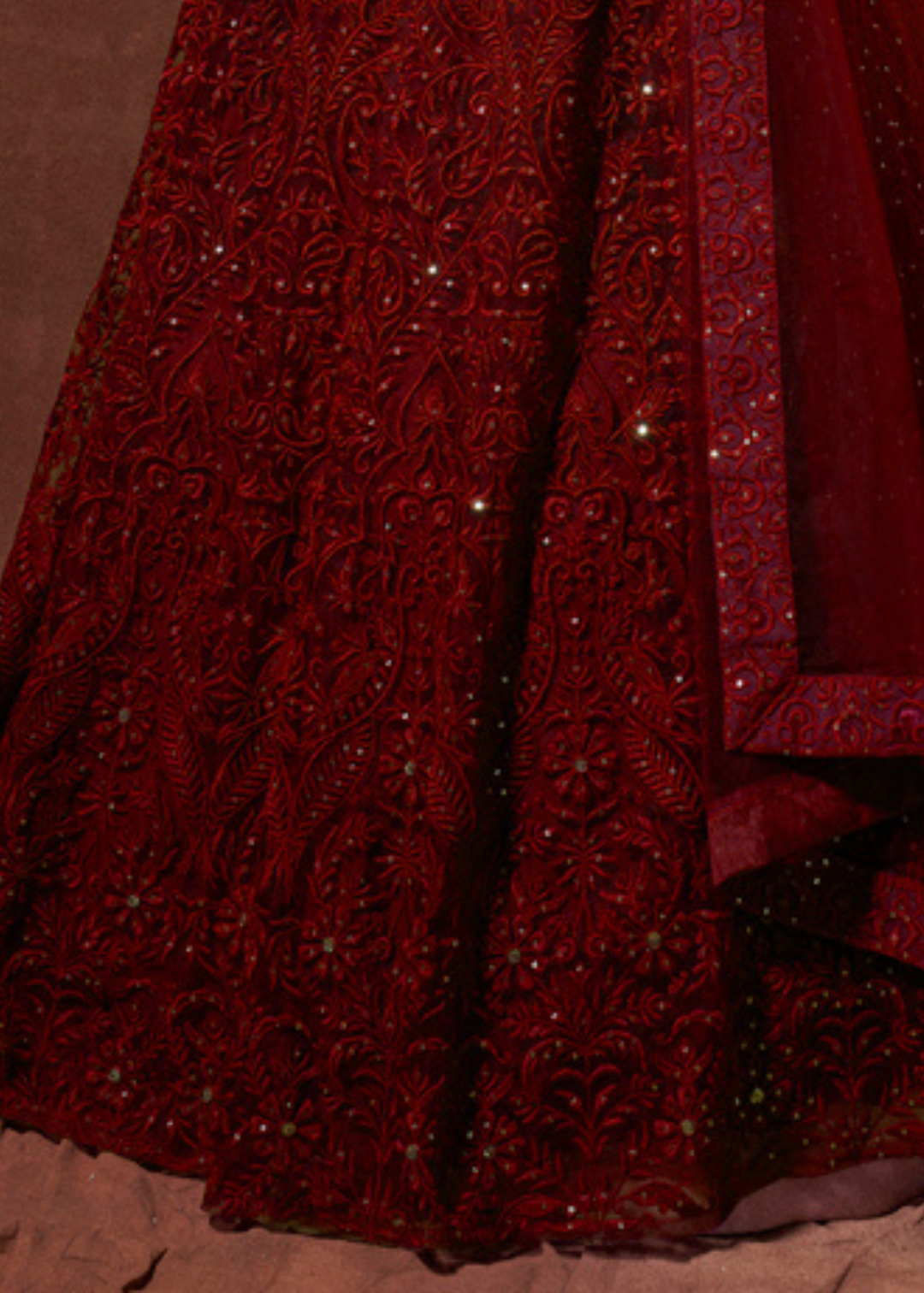 Barn Red Designer Soft Net Lehenga Choli with Thread & Sequins work