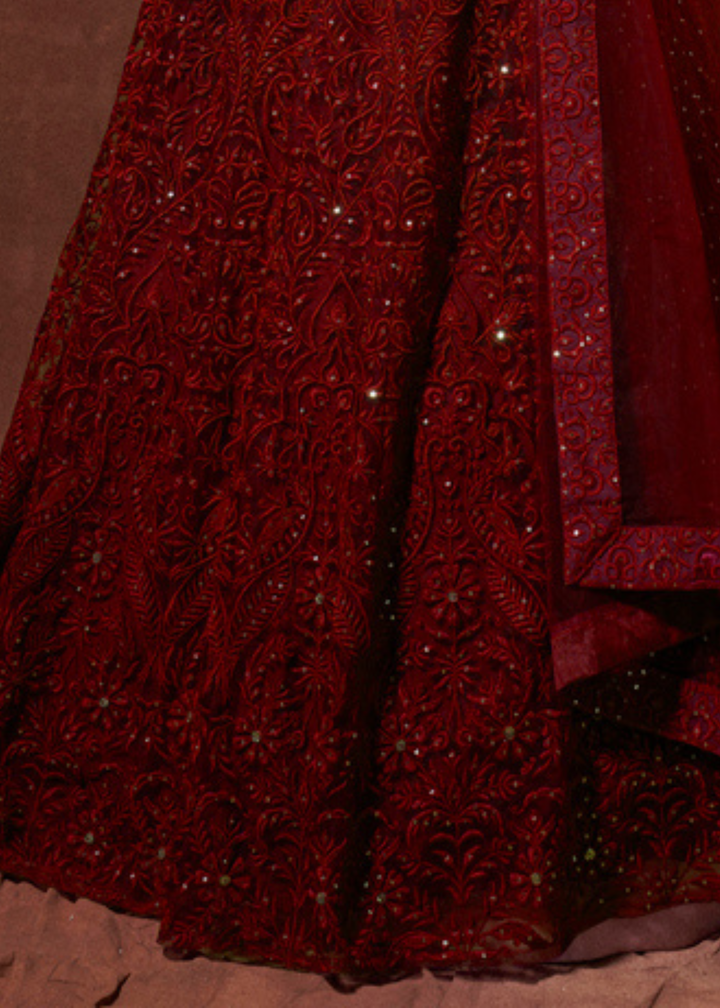 Barn Red Designer Soft Net Lehenga Choli with Thread & Sequins work