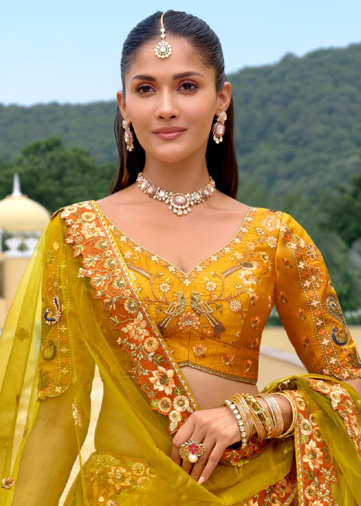 Marigold Yellow Silk Lehenga With Cut Work Border And Embroidery
