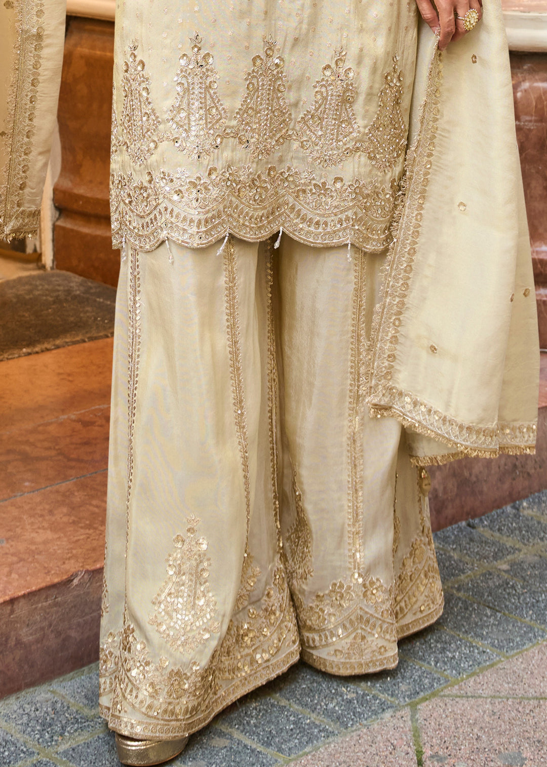 Ivory Viscose Simar Jacquard Silk Palazzo Suit