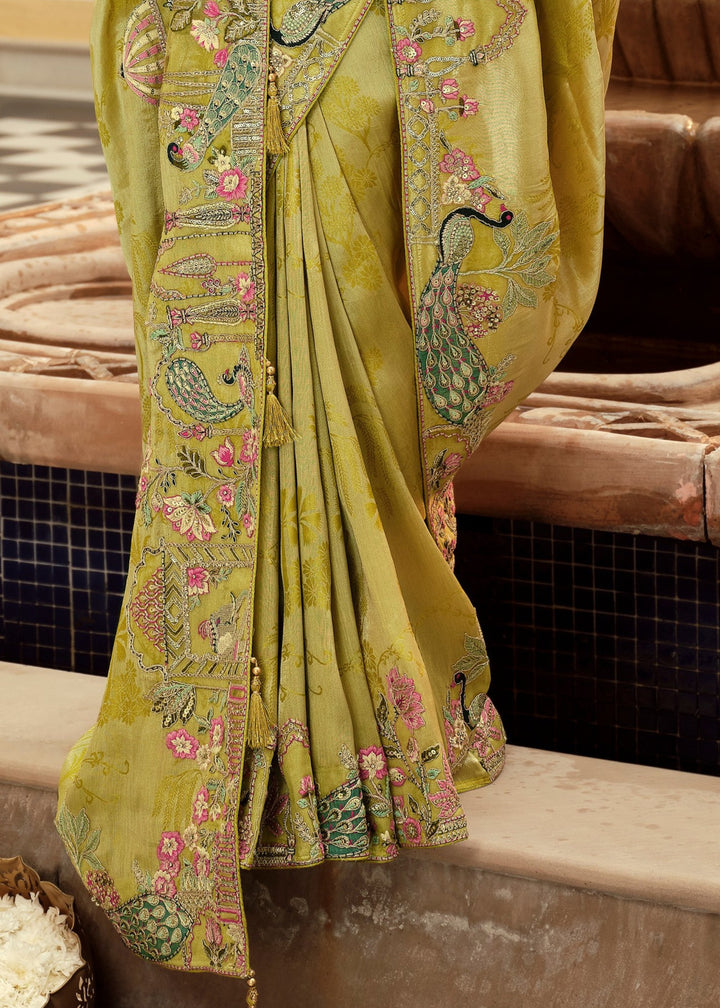 Lime Green with Multicolor floral embroidery Silk Saree