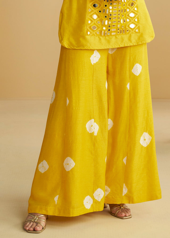 Sunny Mustard Yellow Silk Palazzo Suit Ensemble With White Embroidered Motifs