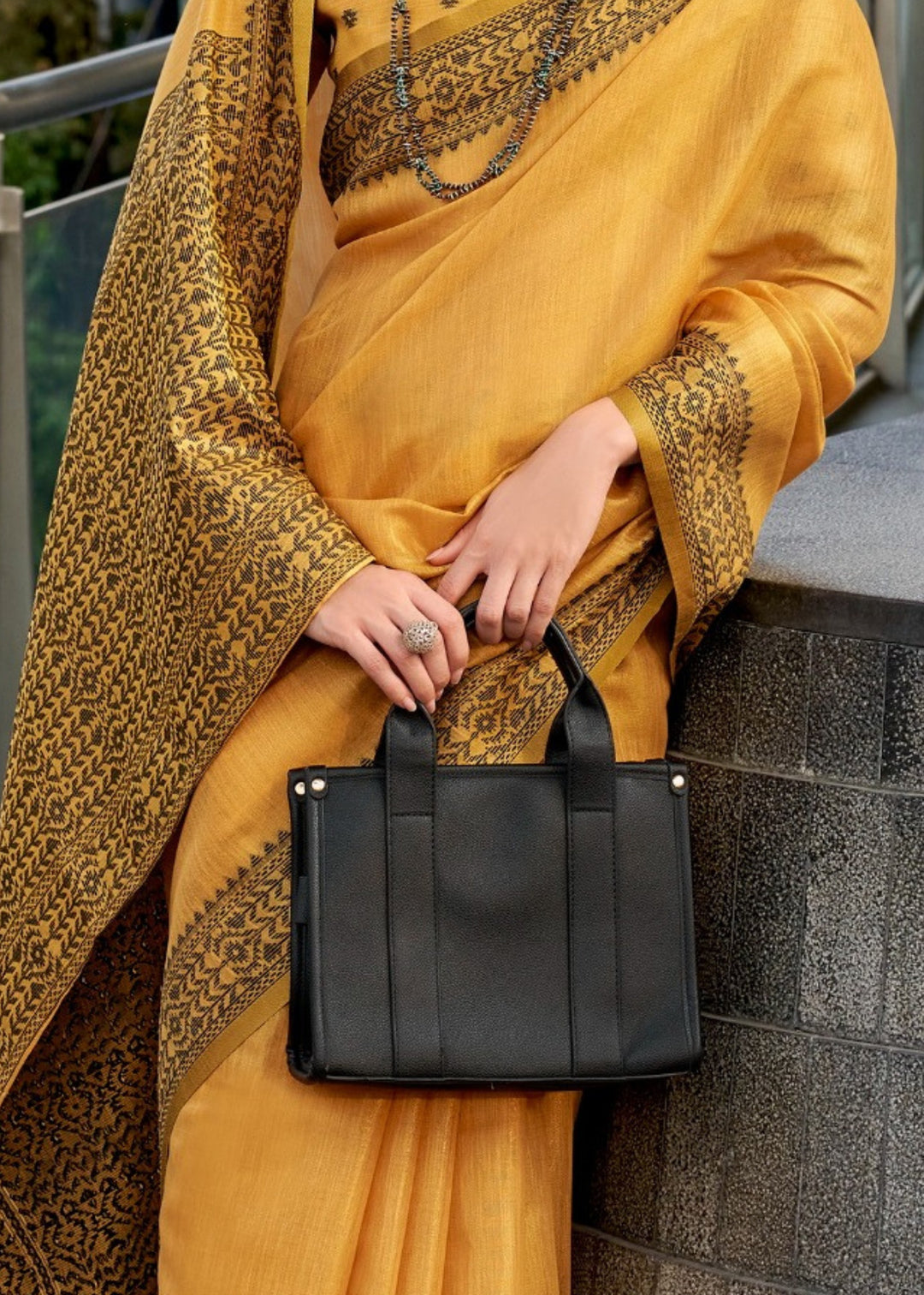 Mustard Yellow Linen Tissue Silk Saree