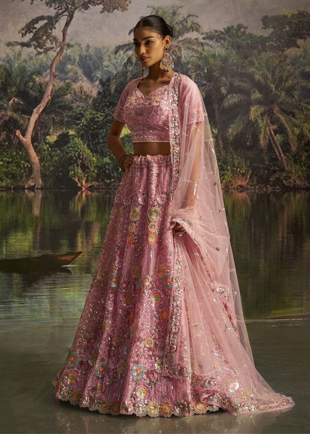 Bright Pink Soft Net Lehenga With Multicolor Floral Embroidery