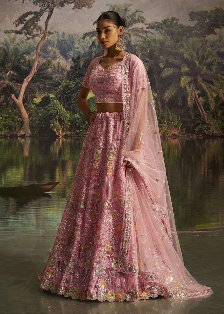 Bright Pink Soft Net Lehenga With Multicolor Floral Embroidery
