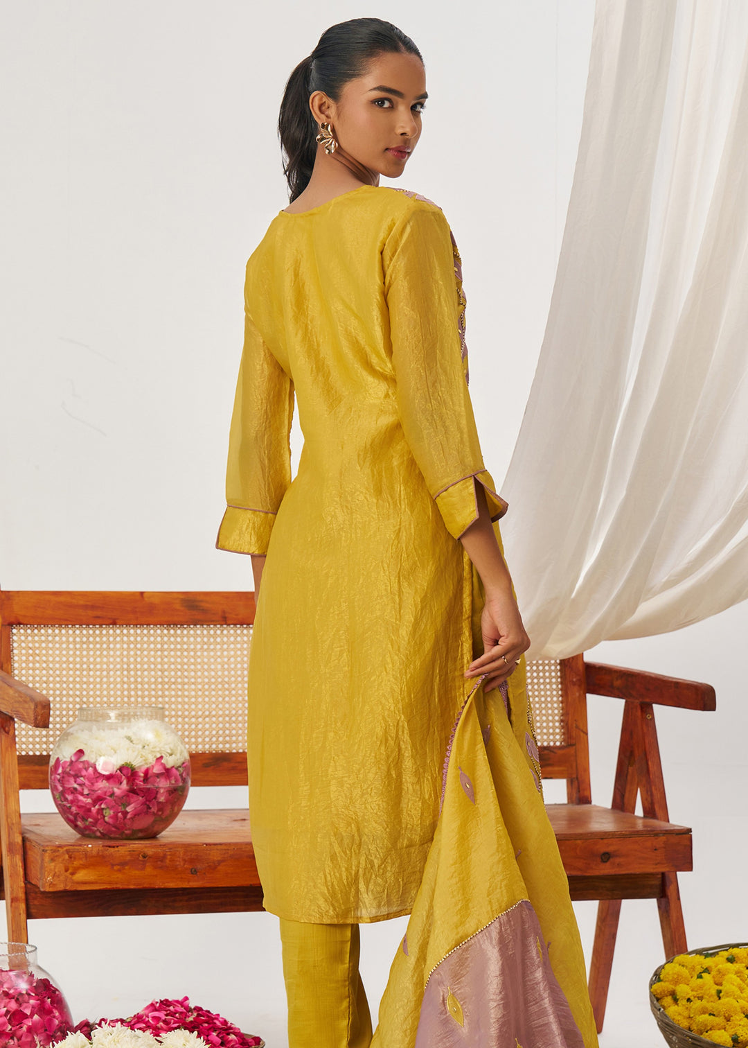 Mustard Yellow Silk Pant Suit With Embroidery Work