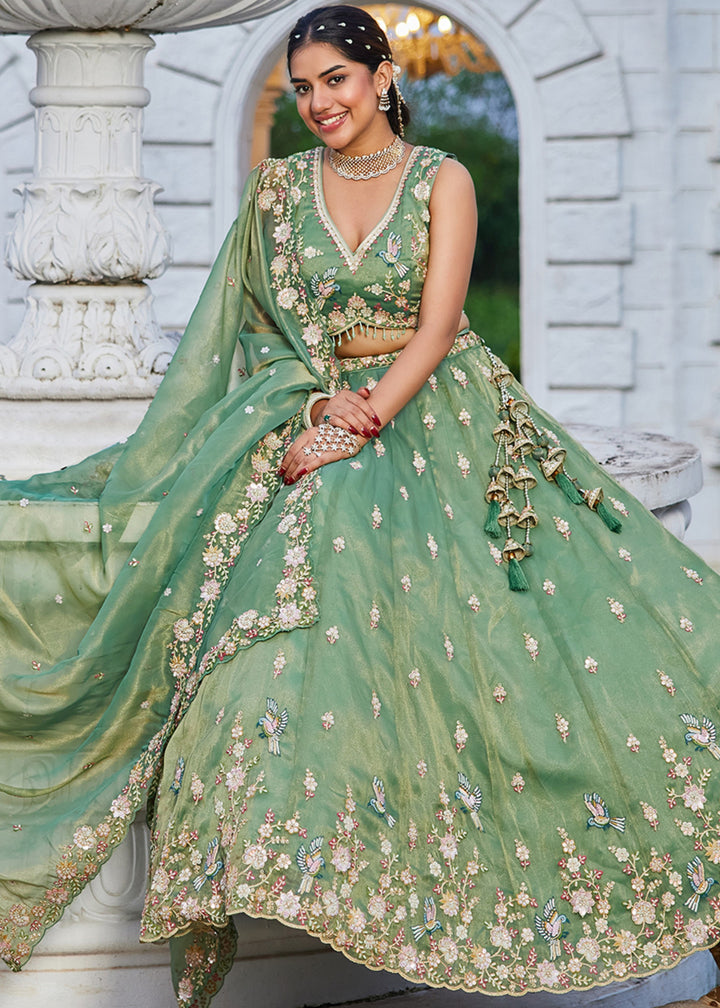 Green Tissue Lehenga Choli with Beads & Sequince Embroidered