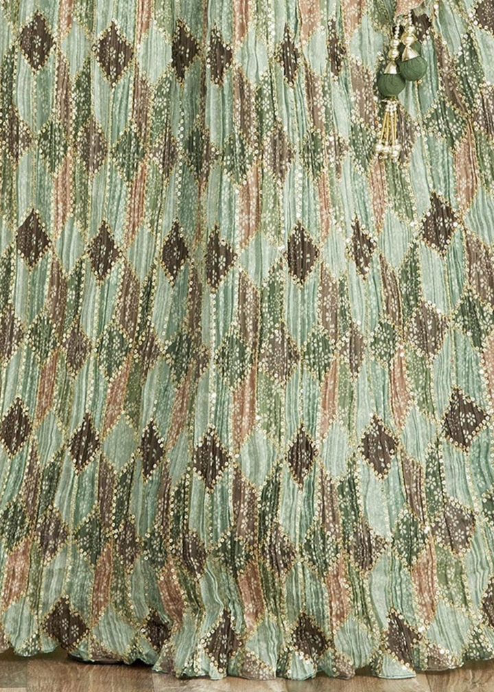 Shades Of Green Digital Printed Chinnon Lehenga with Thread,Zari & Sequins Work
