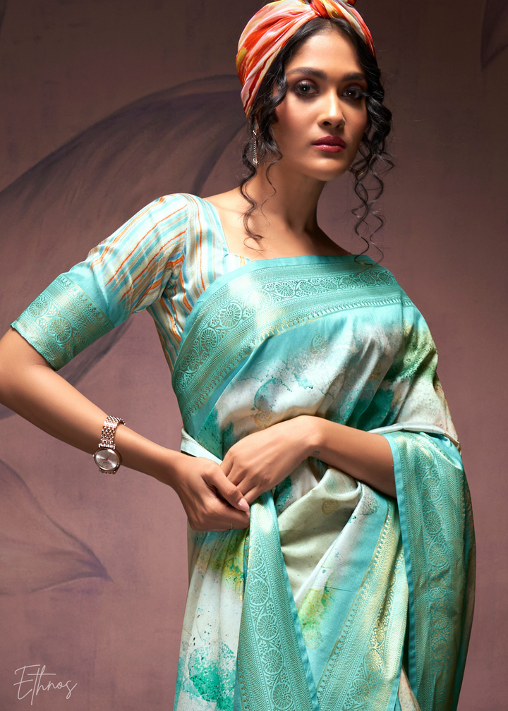 Aqua Blue Handloom Weaving Silk Saree