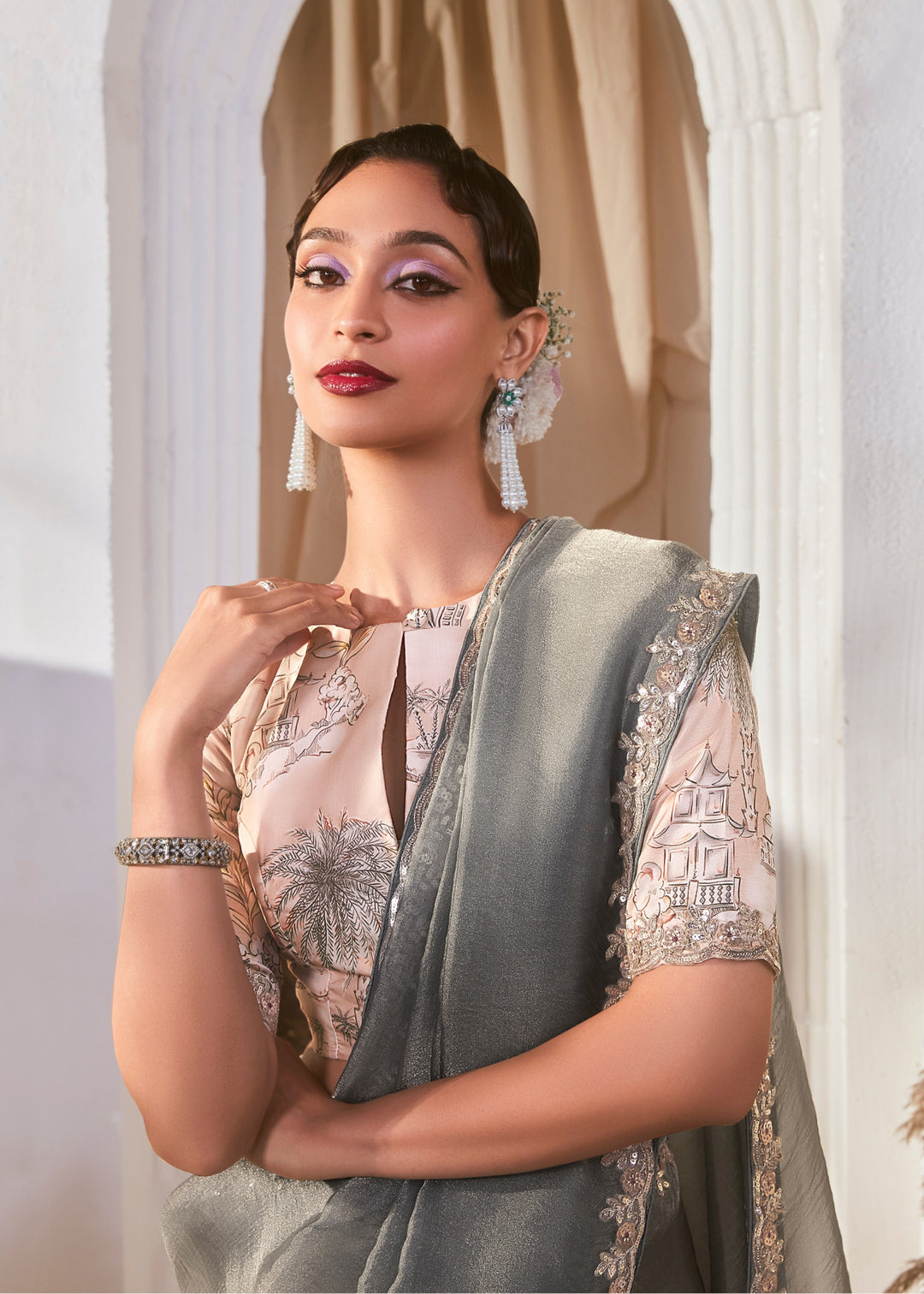 Slate Grey Fancy Silk Saree With Printed Blouse