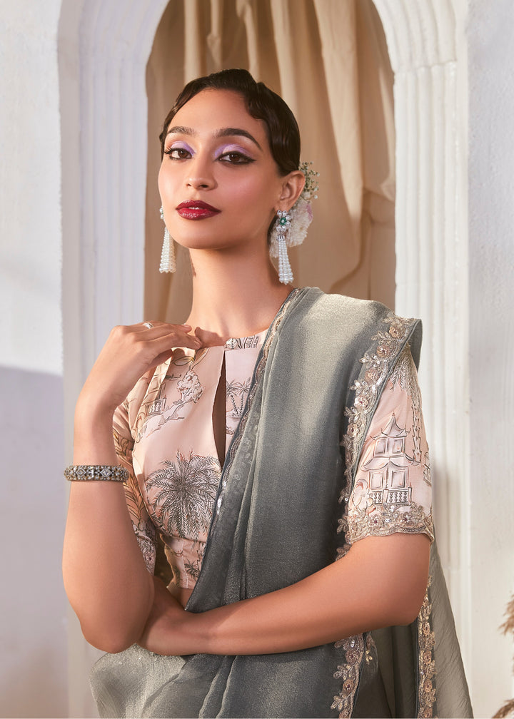 Slate Grey Fancy Silk Saree With Printed Blouse