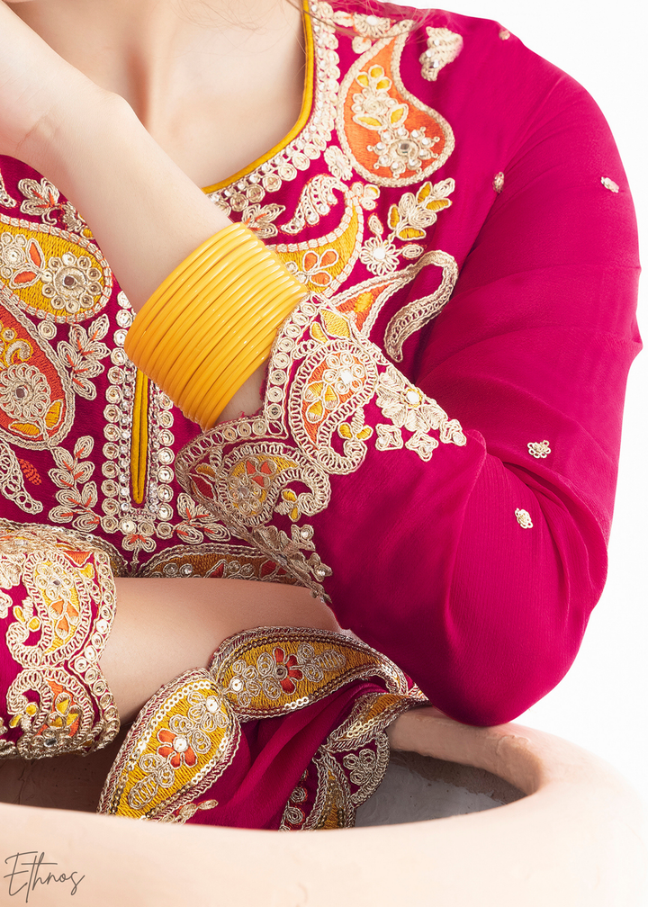 Hot Pink Appliqué Chinon Sharara Suit