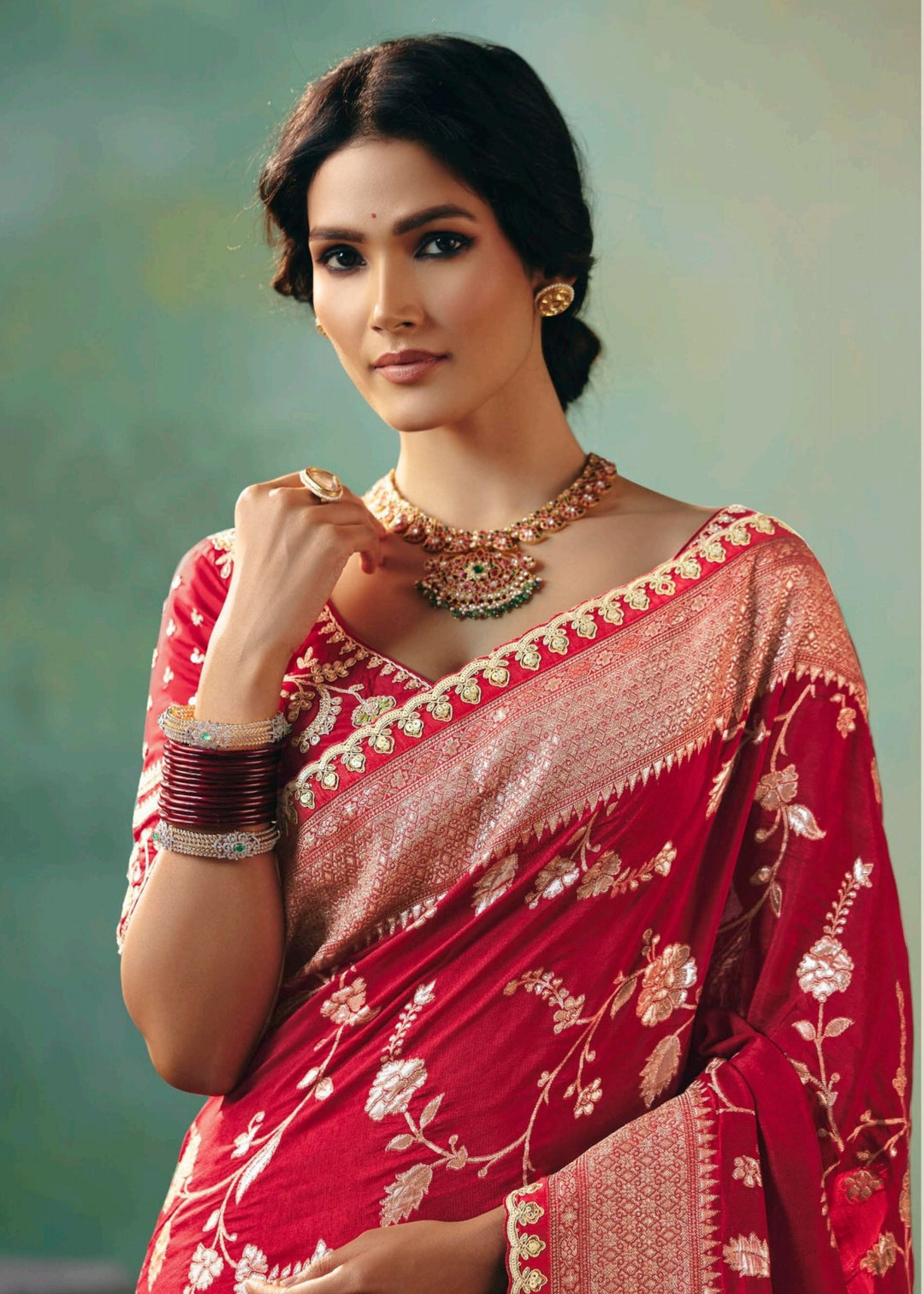 Deep Red Pure Viscose Dola Silk Saree with Zari Weaving & Embroidered Blouse