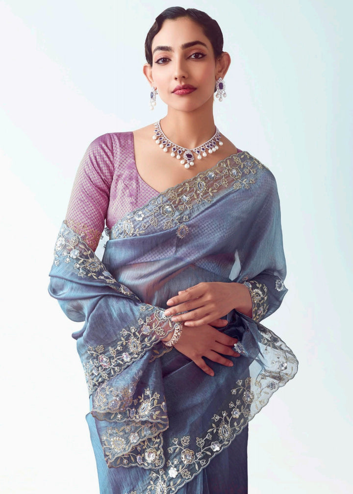 Majorelle Blue Fancy Fabric Silk Saree With Hand Embroidered Work And Cut Work Border