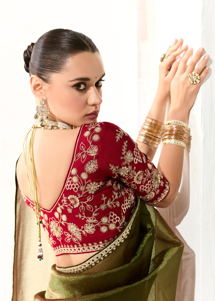 Army Green Organza Tissue Silk Saree With Heavy Work Border And Designer Blouse