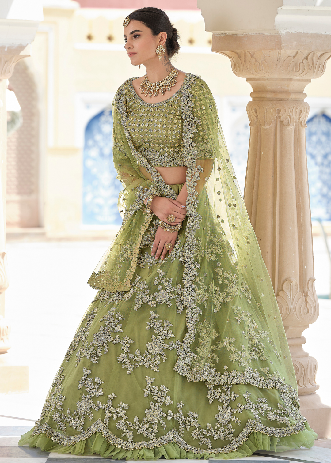 Olive Green Soft Net Lehenga Choli with Dori & Sequins work