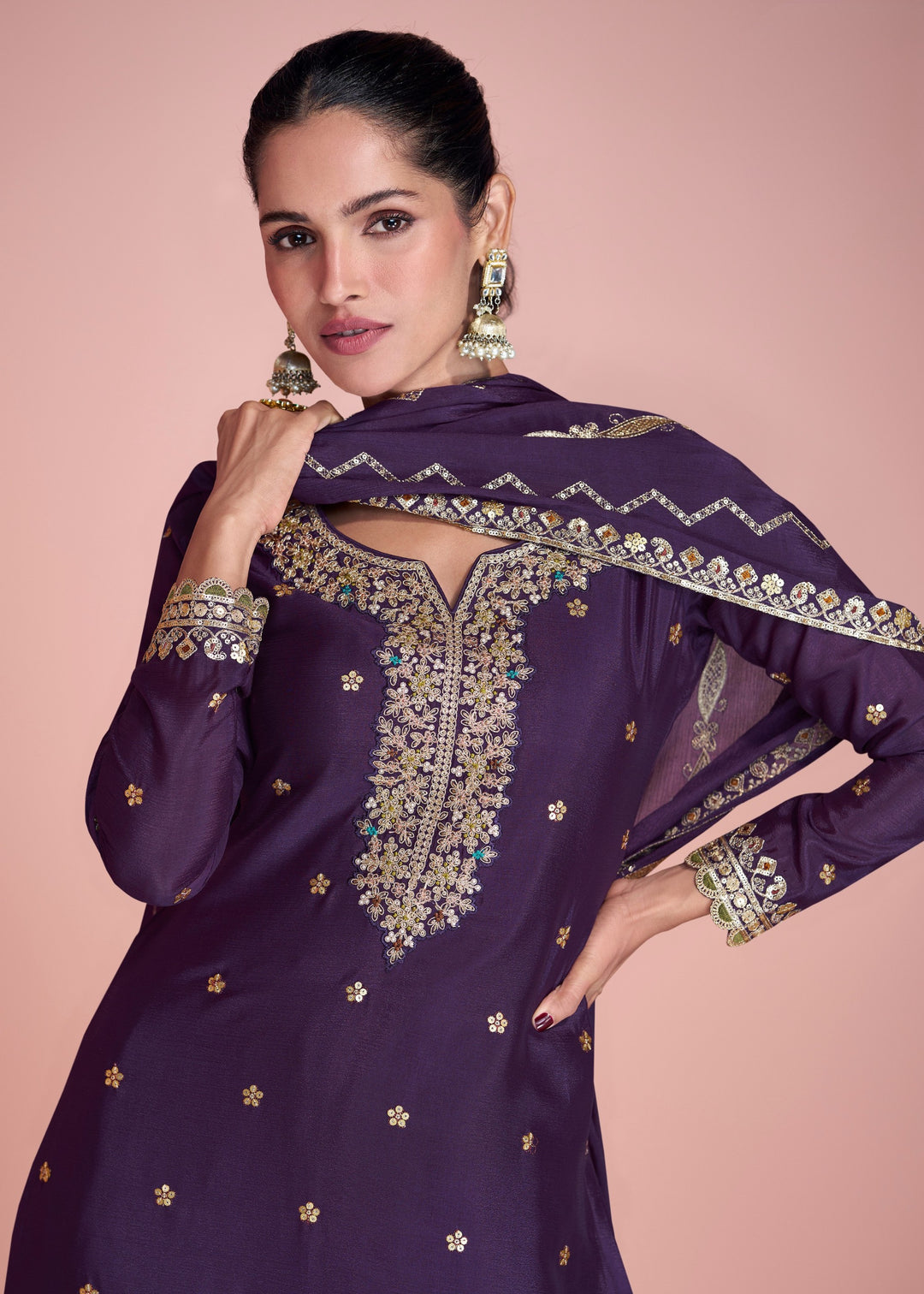 Raisin Purple Chinnon Silk Plazo Suit With Thread Embroidered Work