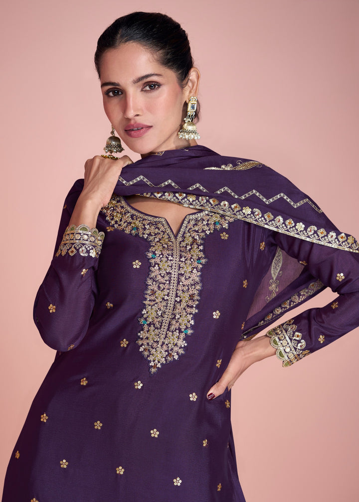 Raisin Purple Chinnon Silk Plazo Suit With Thread Embroidered Work