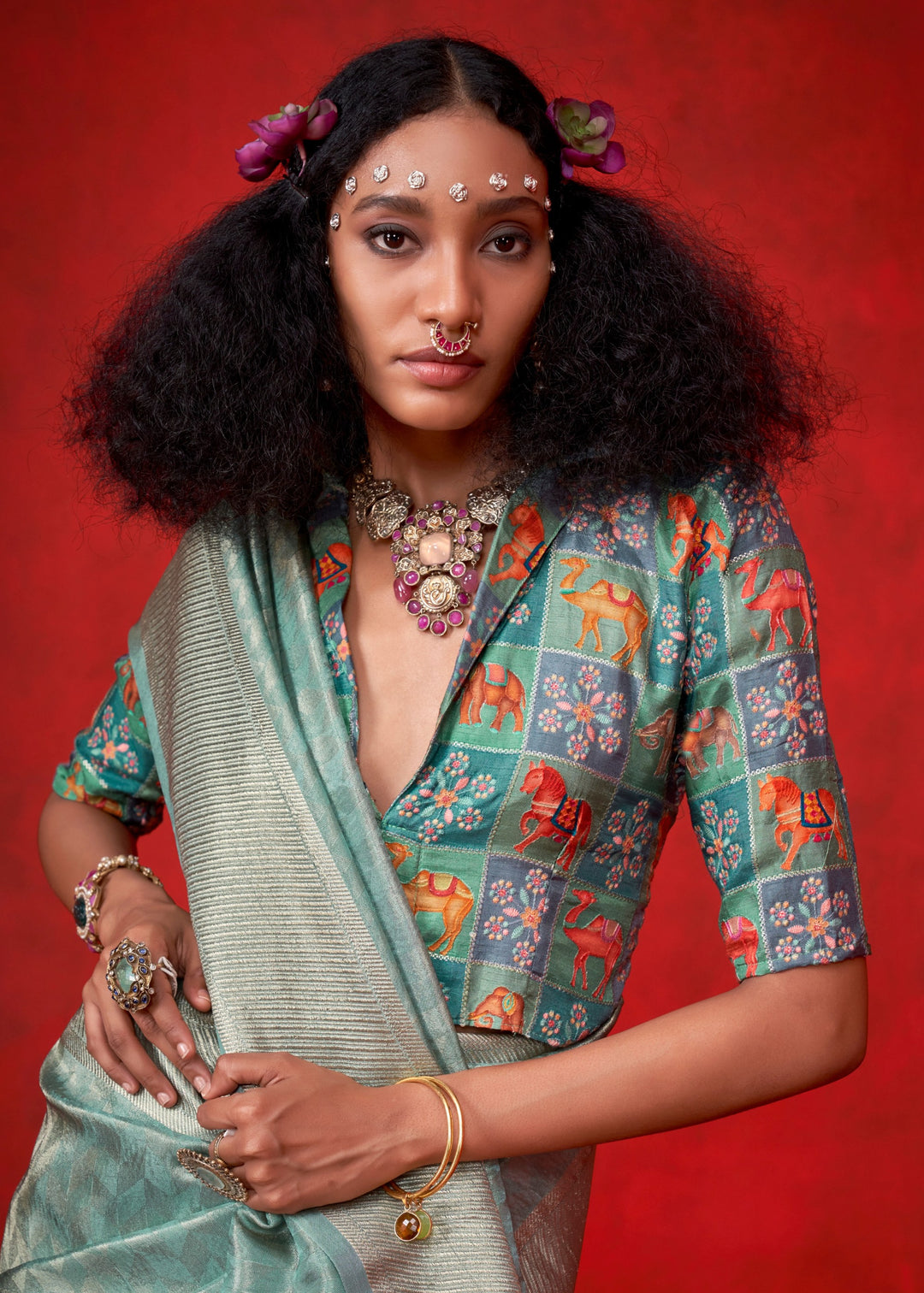 Sea Green Viscose Zari Tissue Silk Saree