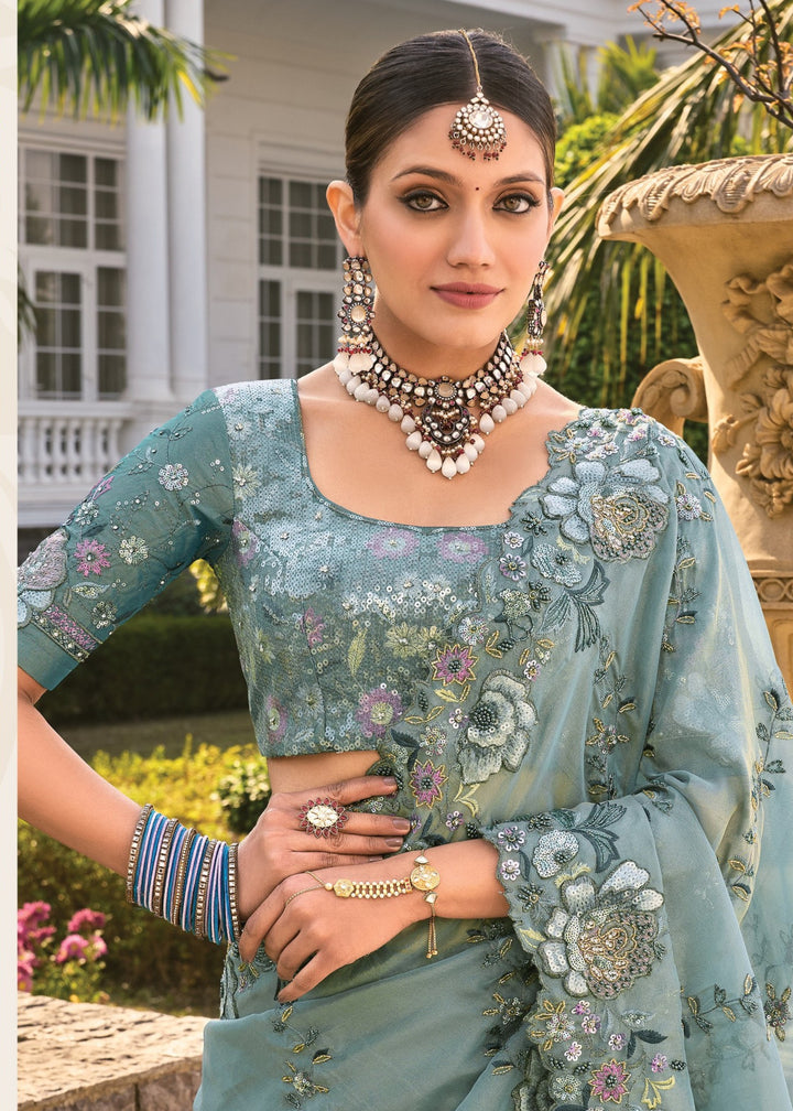 Sea Green Pure Orgenza Saree With Thread Work