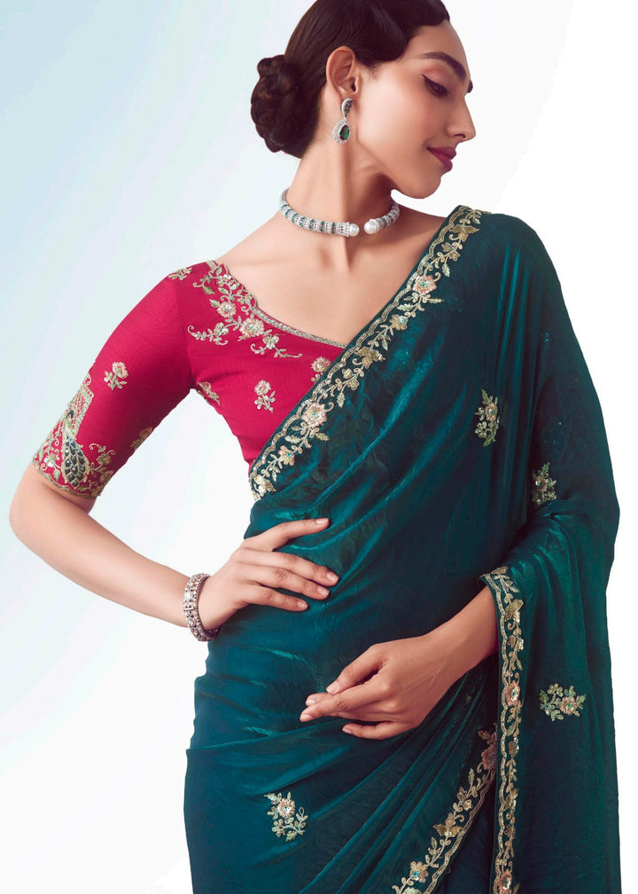 Teal Green Fancy Fabric Silk Saree With Hand Embroidered Work And Cut Work Border