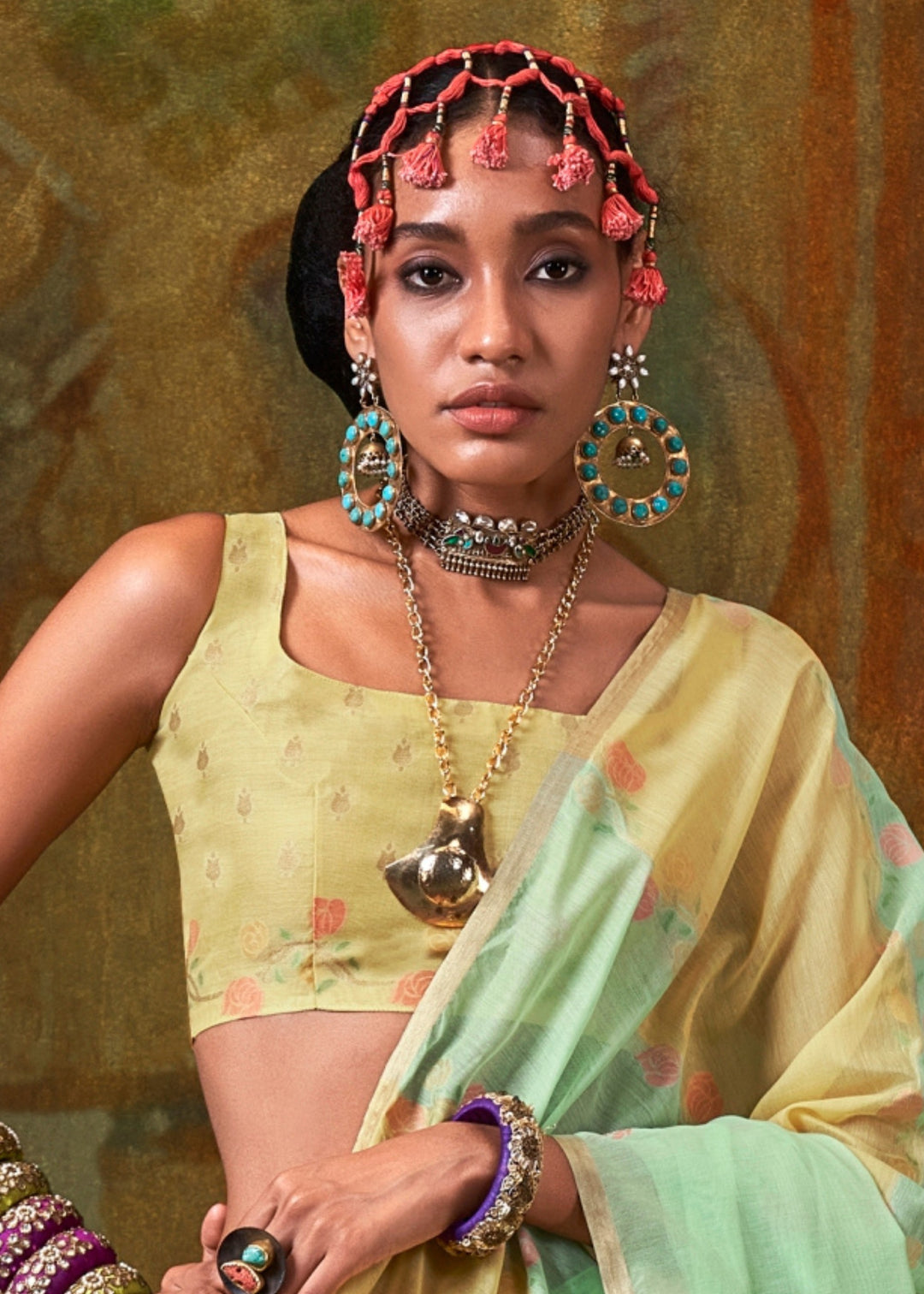 Mint Green And Yellow Cotton Silk Saree With Rangkaat Handloom Weaving