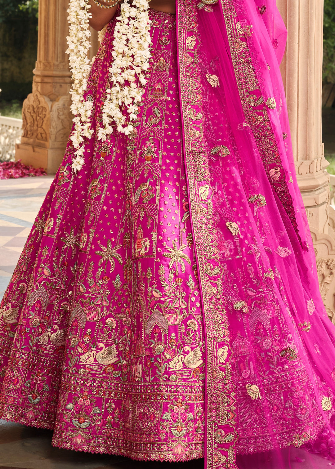Persian Rose Pink Heavy Bridal Silk Lehenga With Khatli And Embroidery Work