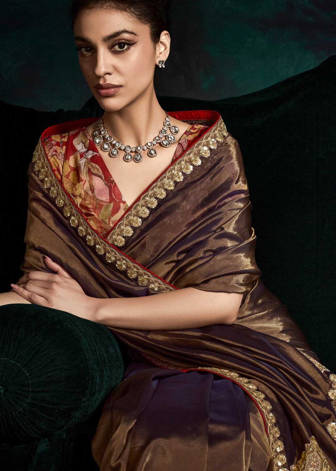 Mocha Brown Silk Saree With Sequins