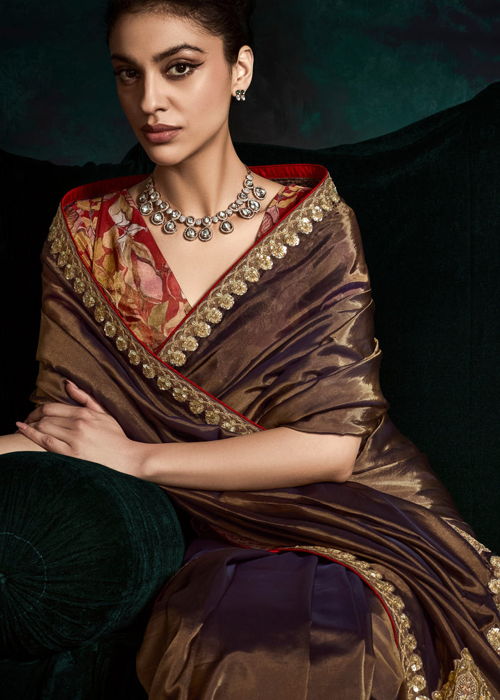 Mocha Brown Silk Saree With Sequins